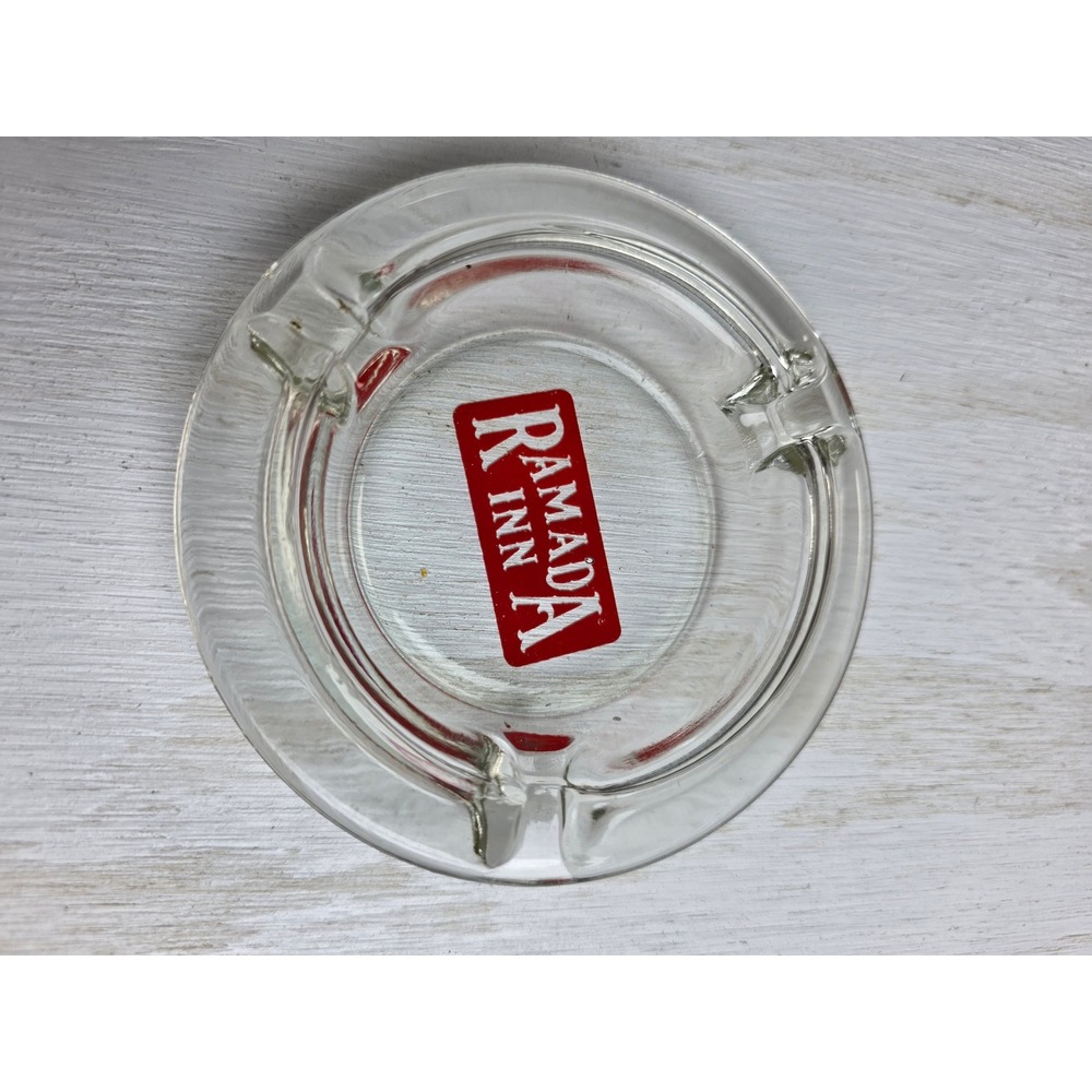 Vintage Ramada Inn Glass Ashtray Red Logo Hotel Advertising Tobacciana Classic
